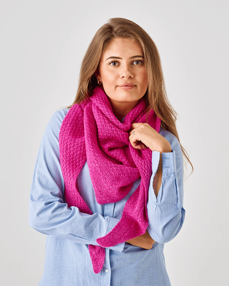 Sjal i perlestrikk. Oppskrift.